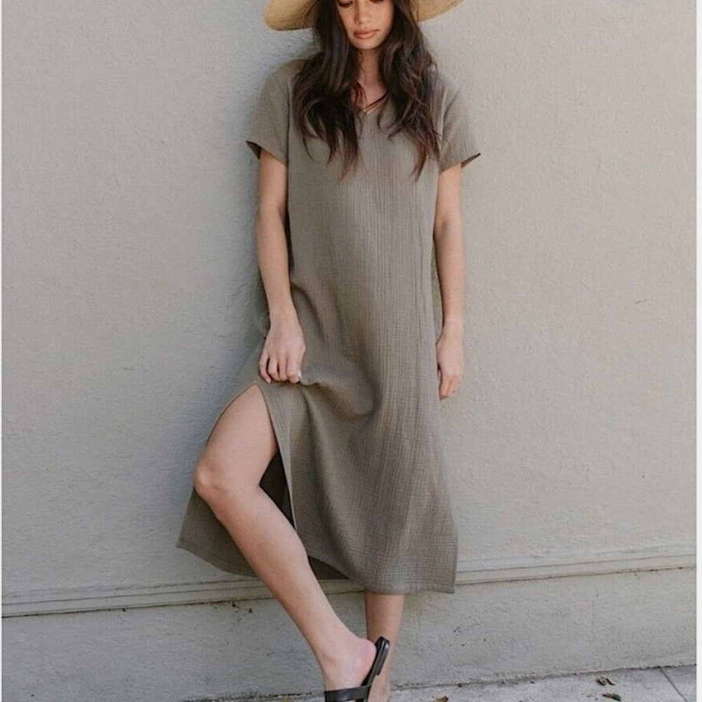 Jenni Kayne Cypress Caftan Cotton Dress Olive Green Small V Neck Lagenlook